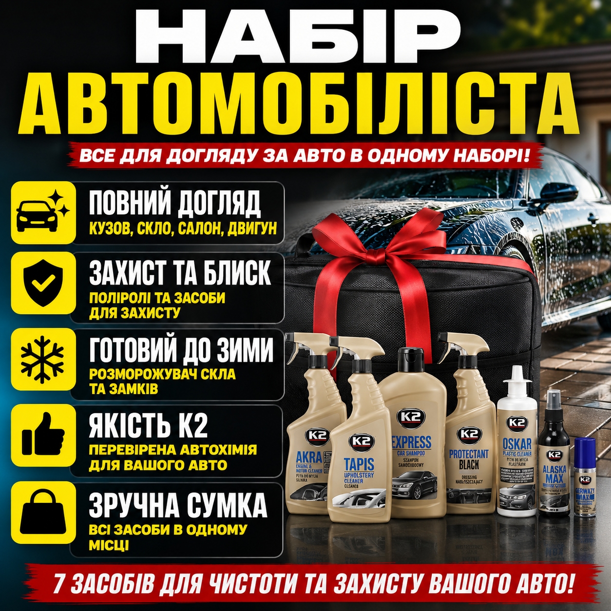 Набір автомобіліста — чорна сумка з засобами автохімії на нейтральному фоні